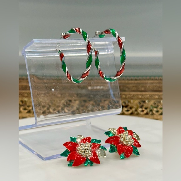 2 Prs Christmas Earrings - Red/Green/Gold/Silver Enamel Costume Jewelry - VGVC - Picture 17 of 17